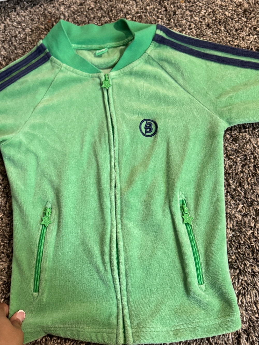 Green Velour Zip-Front Jumpsuit with Navy Stripe Trim